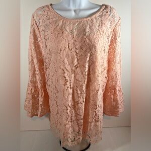 Roz & Ali Blouse Womens XL Peach/Pink Lace Overlay Bell Sleeve